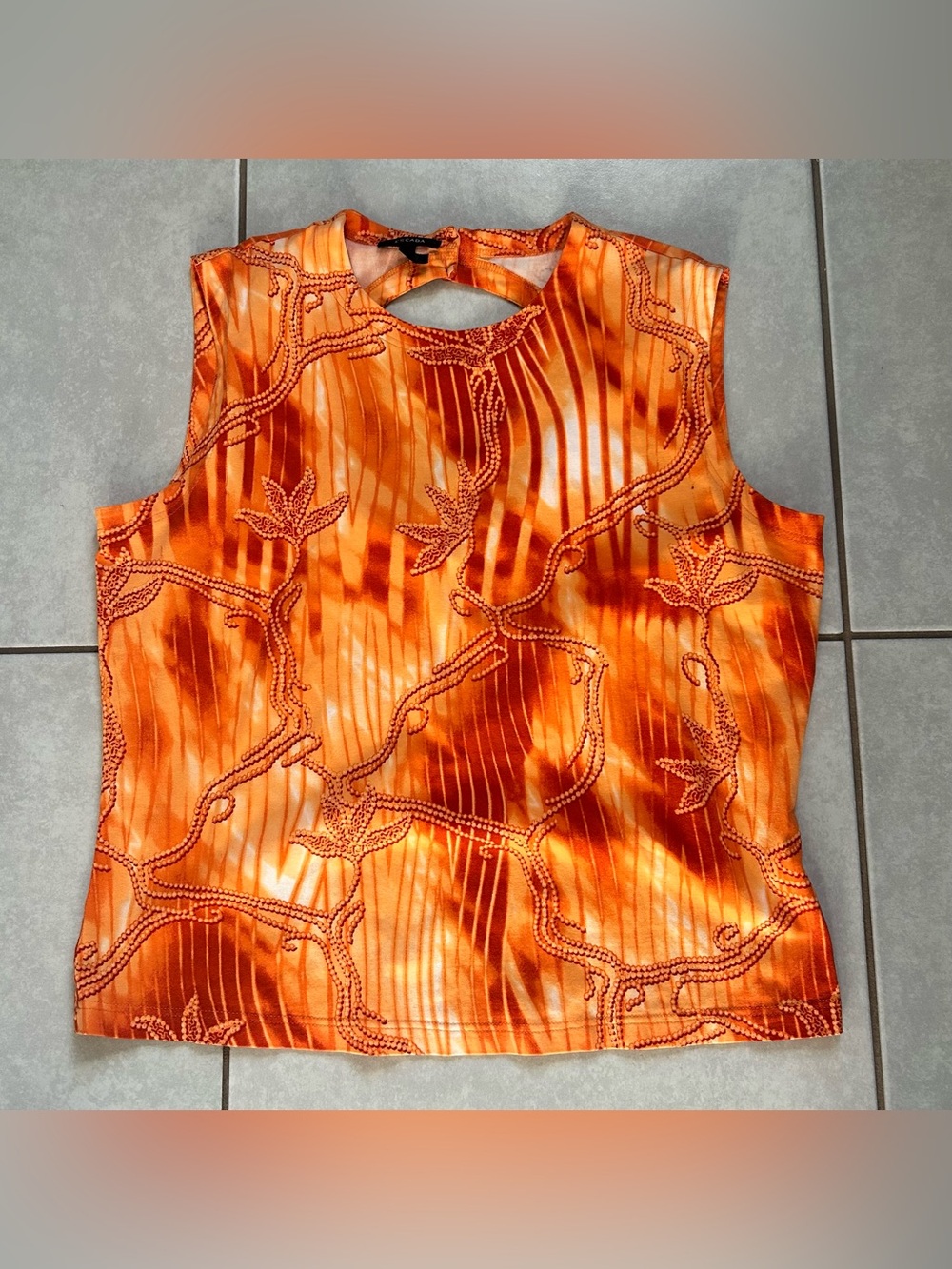 vintage Escada sleeveless top featuring a vibrant orange tie-dy size 42